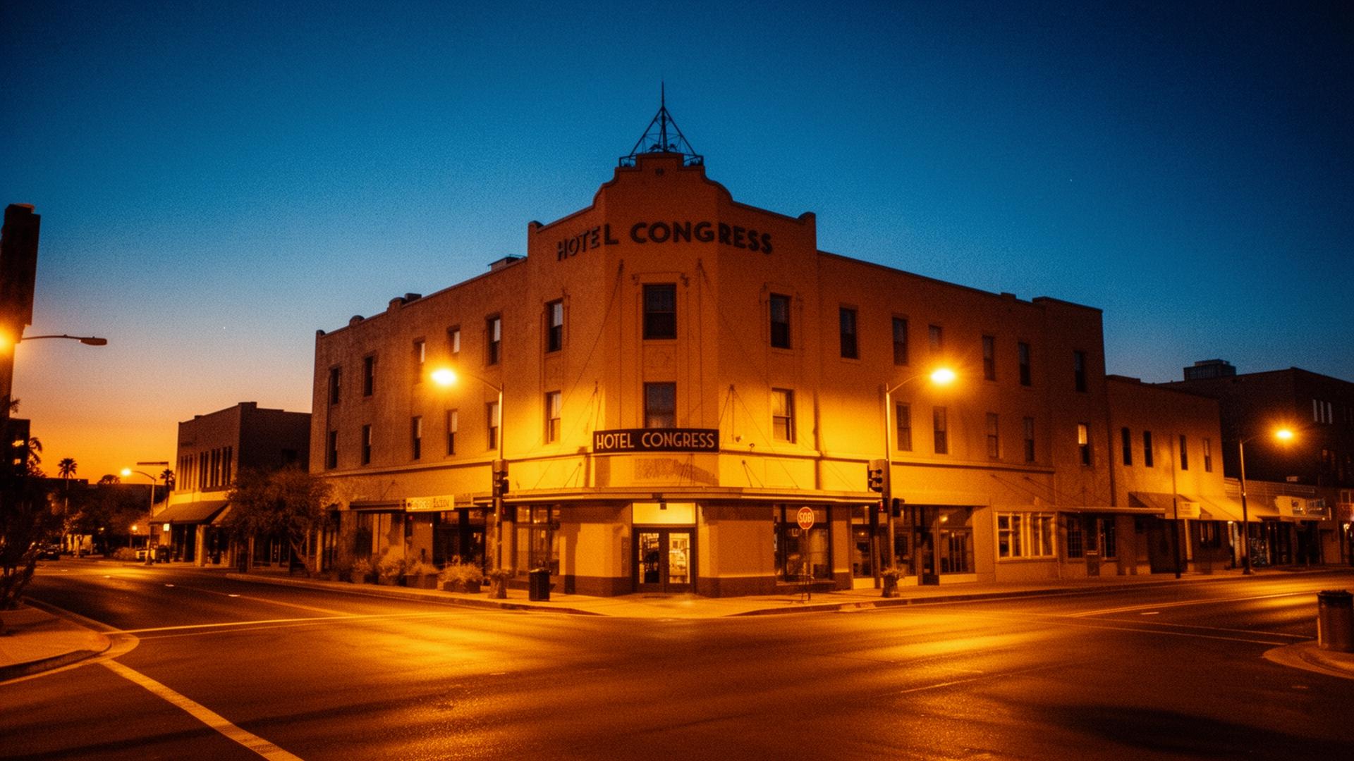 Downtown Tucson at dusk, atmospheric streetlight on historic buildings