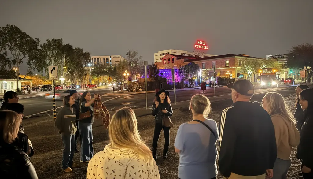 Ghost tour guide speaking to a group of guests at night in downtown Tucson with the Hotel Congress neon sign glowing in the background