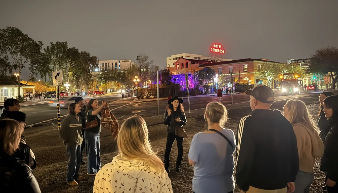 Ghost tour guide speaking to a group of guests at night in downtown Tucson with the Hotel Congress neon sign glowing in the background